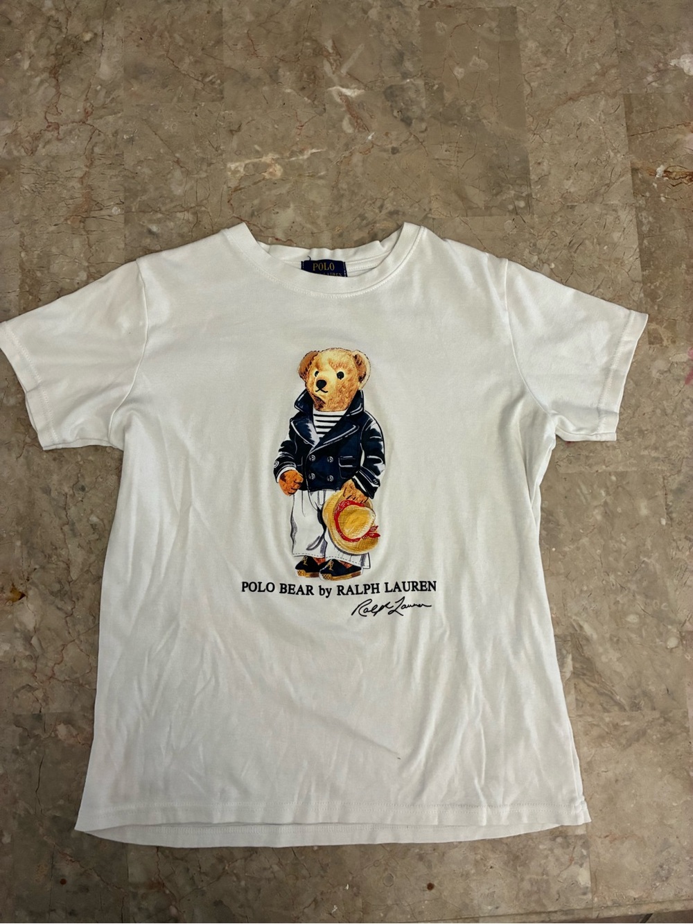 Ralph Lauren White Polo Bear Graphic T-Shirt with Navy Jacket Detail